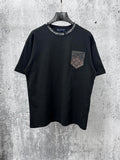 Embroidered collar, small leather pocket, short sleeved, unisex
