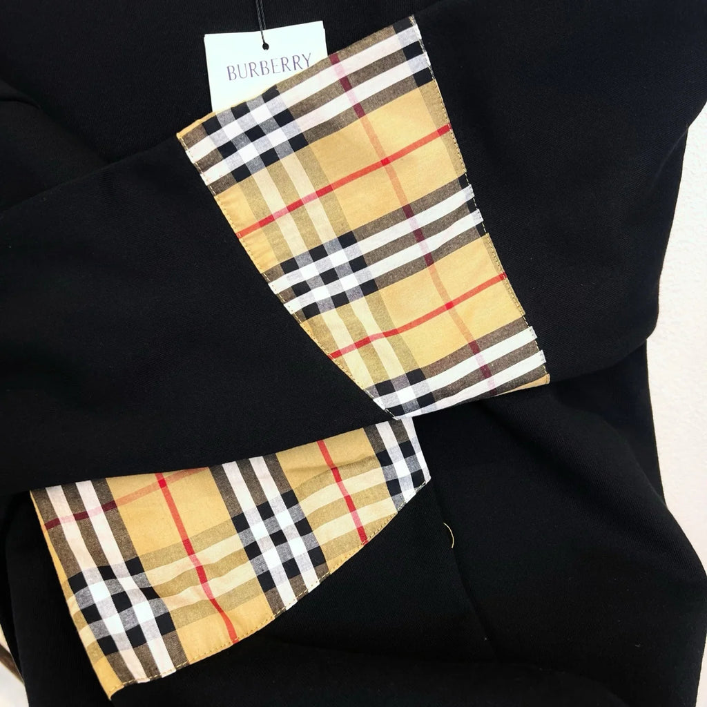 Embroidered letter arm plaid patchwork round neck hoodie