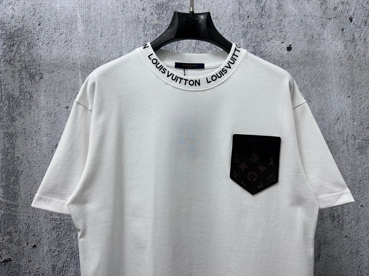 Embroidered collar, small leather pocket, short sleeved, unisex