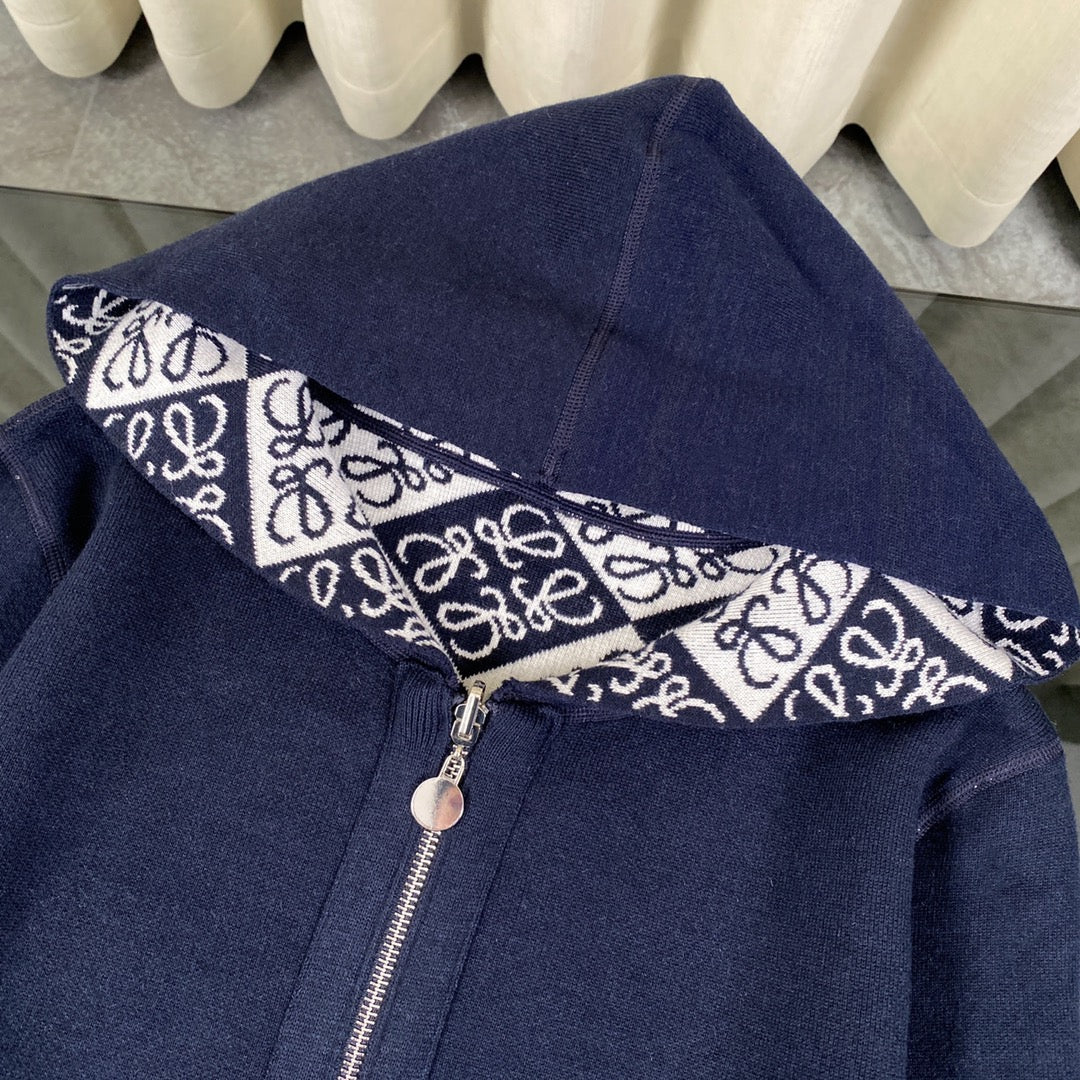 Full printed jacquard double-sided hooded zipper jacket sweater