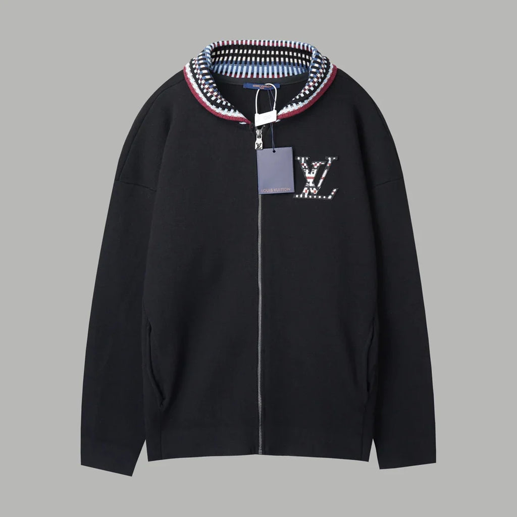 Knitted zipper jacket with grid collar and letter stickers