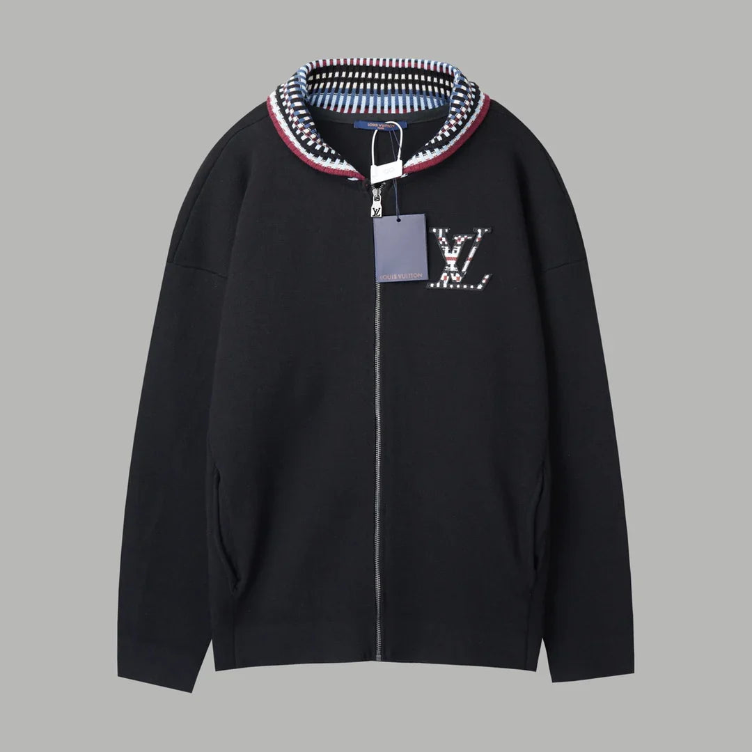 Knitted zipper jacket with grid collar and letter stickers