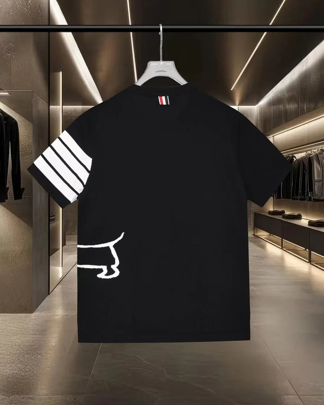 New color blocked four bar knitted casual short sleeved shirt