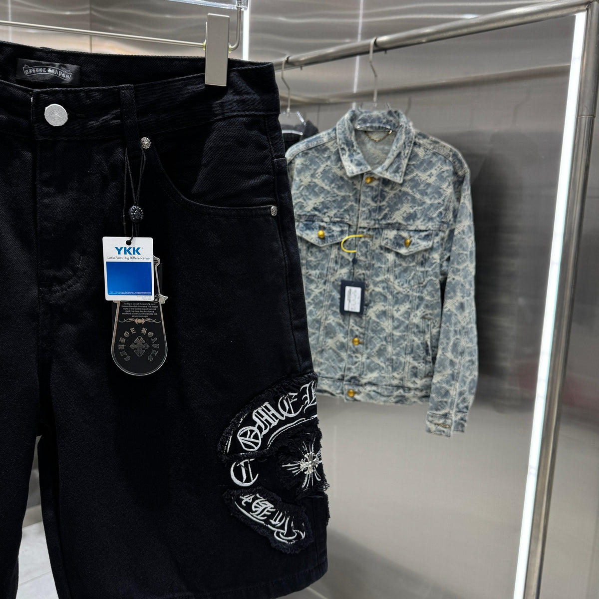 Embroidered cross denim shorts with torn holes