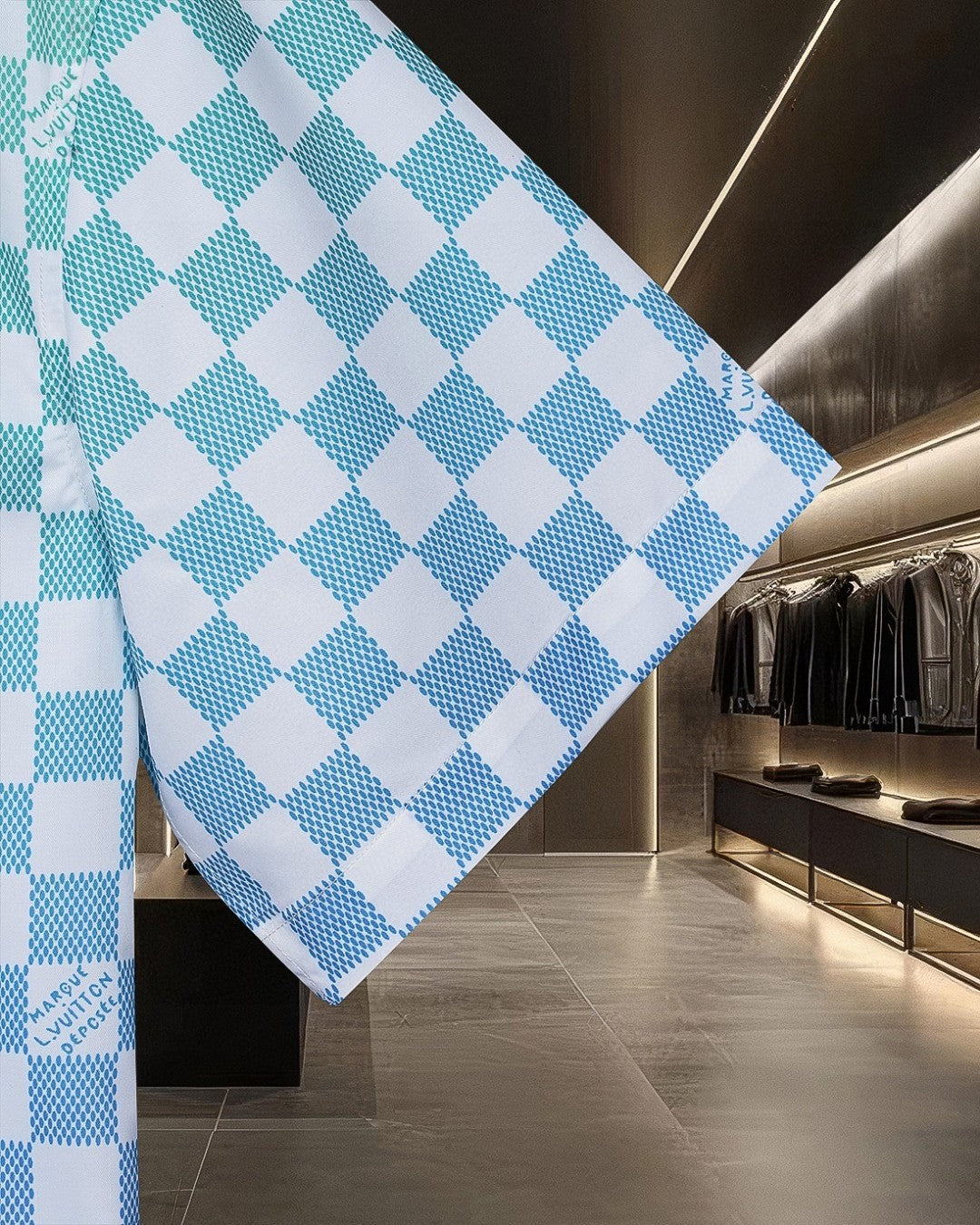 Gradient checkerboard digital printed short sleeved shirt