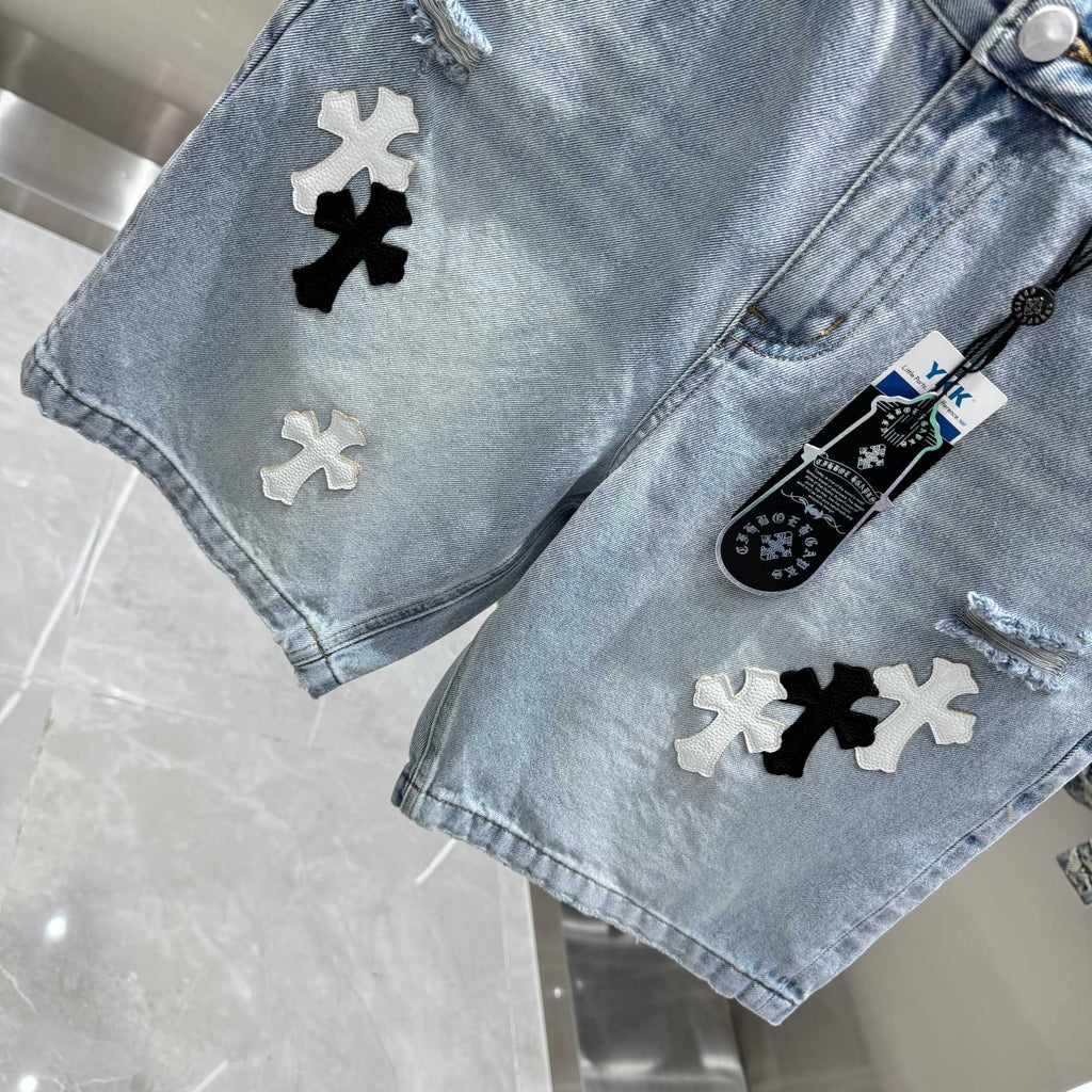 Spring and summer new cross denim shorts made of split leather