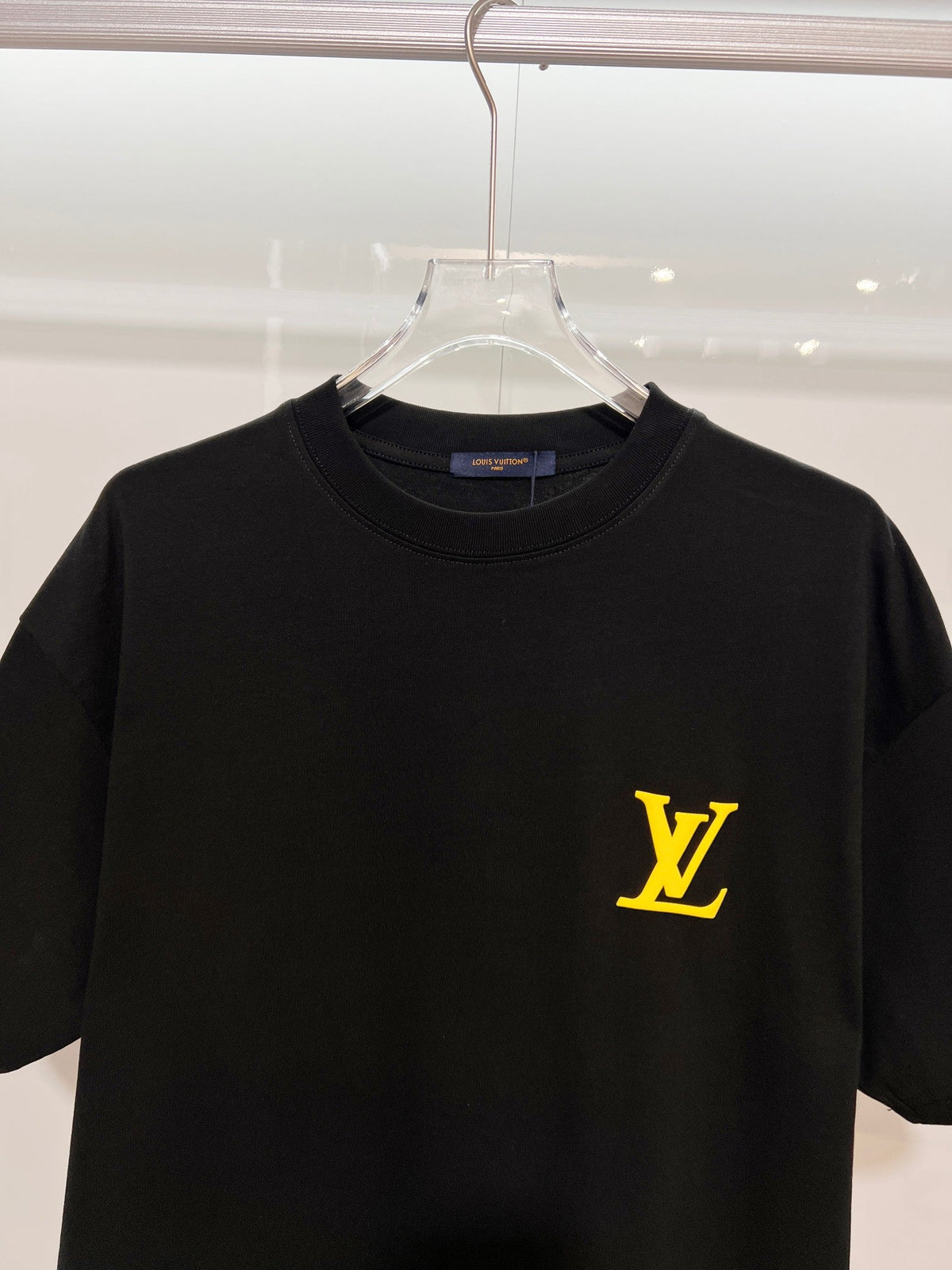 Three dimensional golden small LOGO color blocked offset printing pattern letter round neck T-shirt