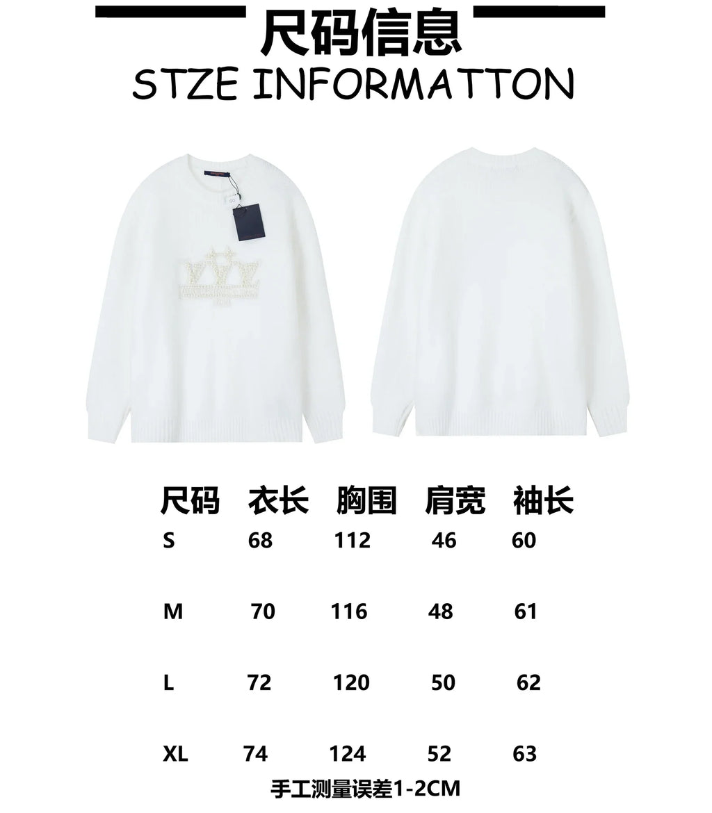 Embroidered pearl micro label round neck sweater