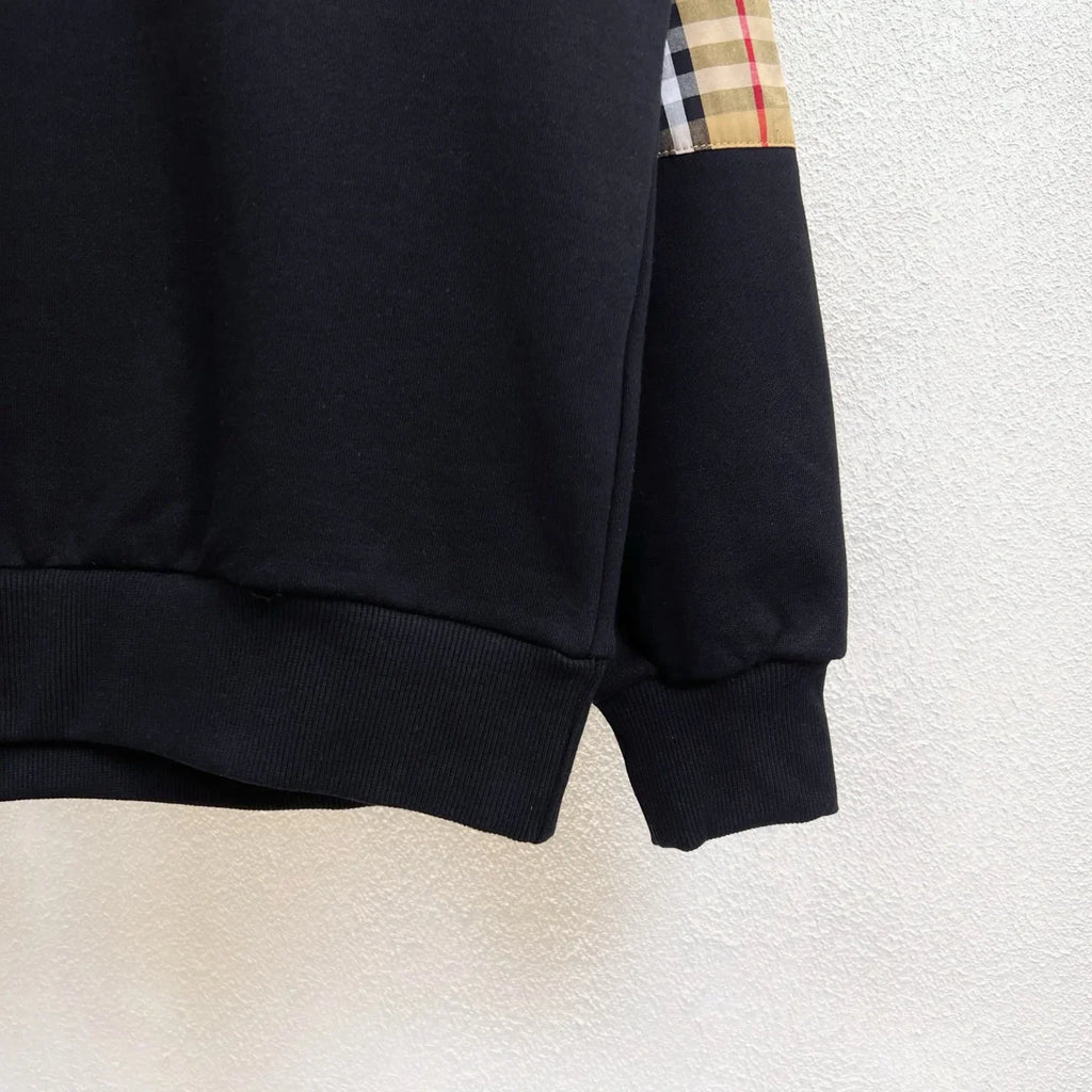 Embroidered letter arm plaid patchwork round neck hoodie