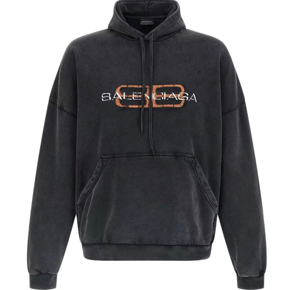 Two tone fuzzy printed washed water used hooded sweatshirt