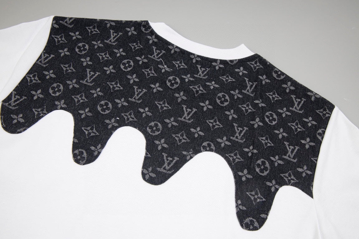 Heavy craftsmanship single item splicing denim wave patch embroidery spring and summer new style short sleeved T-shirt