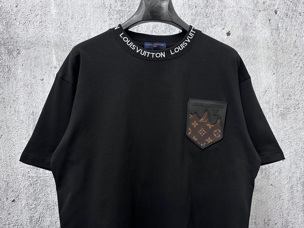 Embroidered collar, small leather pocket, short sleeved, unisex