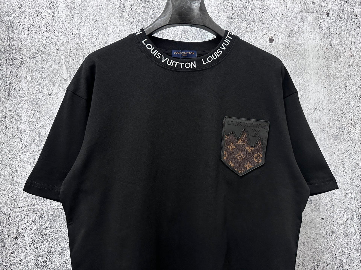 Embroidered collar, small leather pocket, short sleeved, unisex