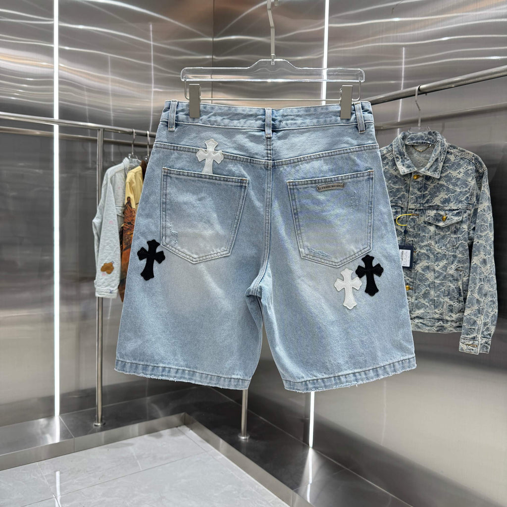 Spring and summer new cross denim shorts made of split leather