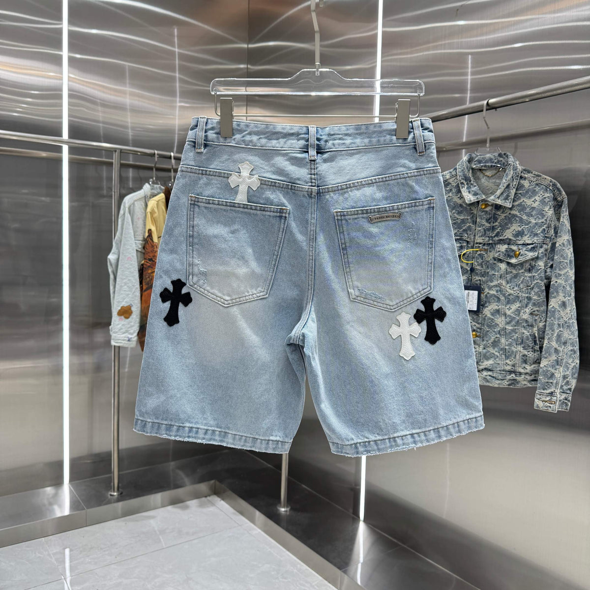 Spring and summer new cross denim shorts made of split leather