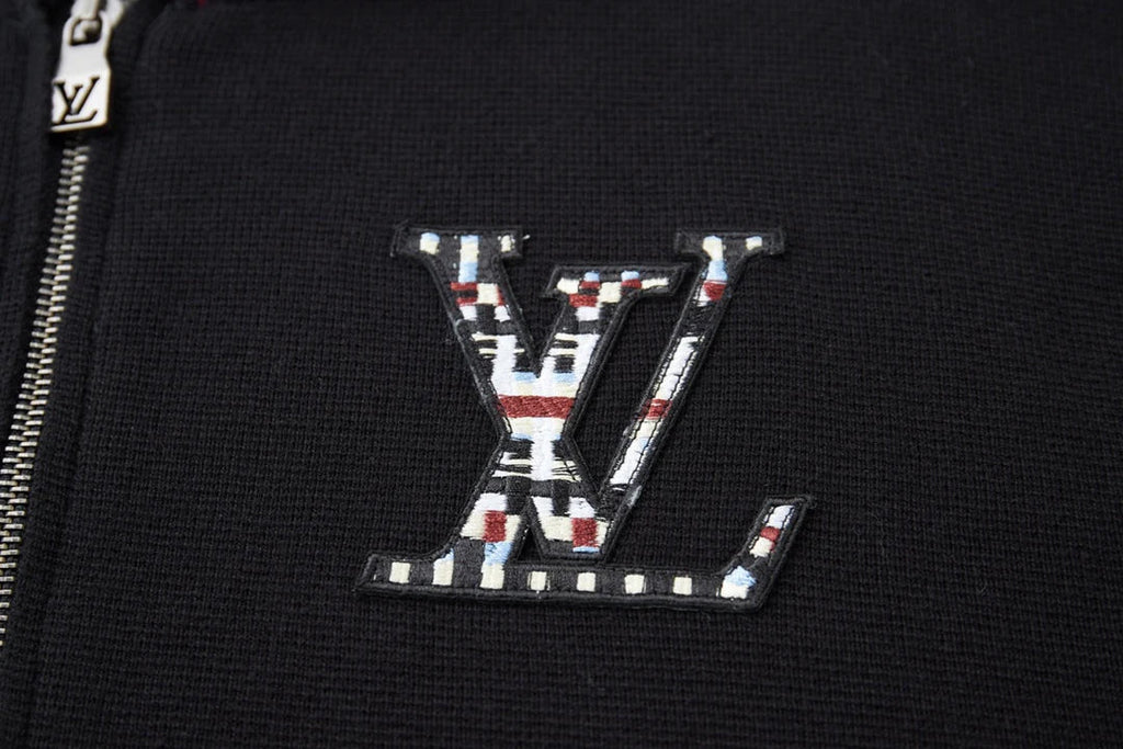 Knitted zipper jacket with grid collar and letter stickers