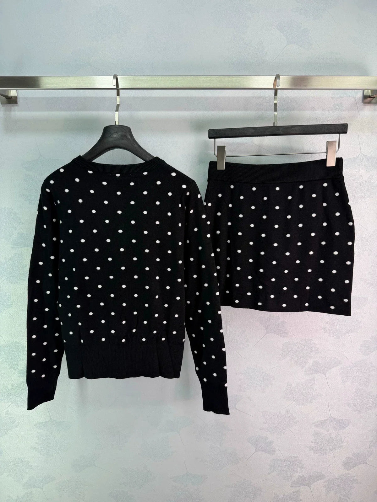 26 Early Fall New Polka Dot Knit Long-Sleeve Cardigan and Mini Skirt Set