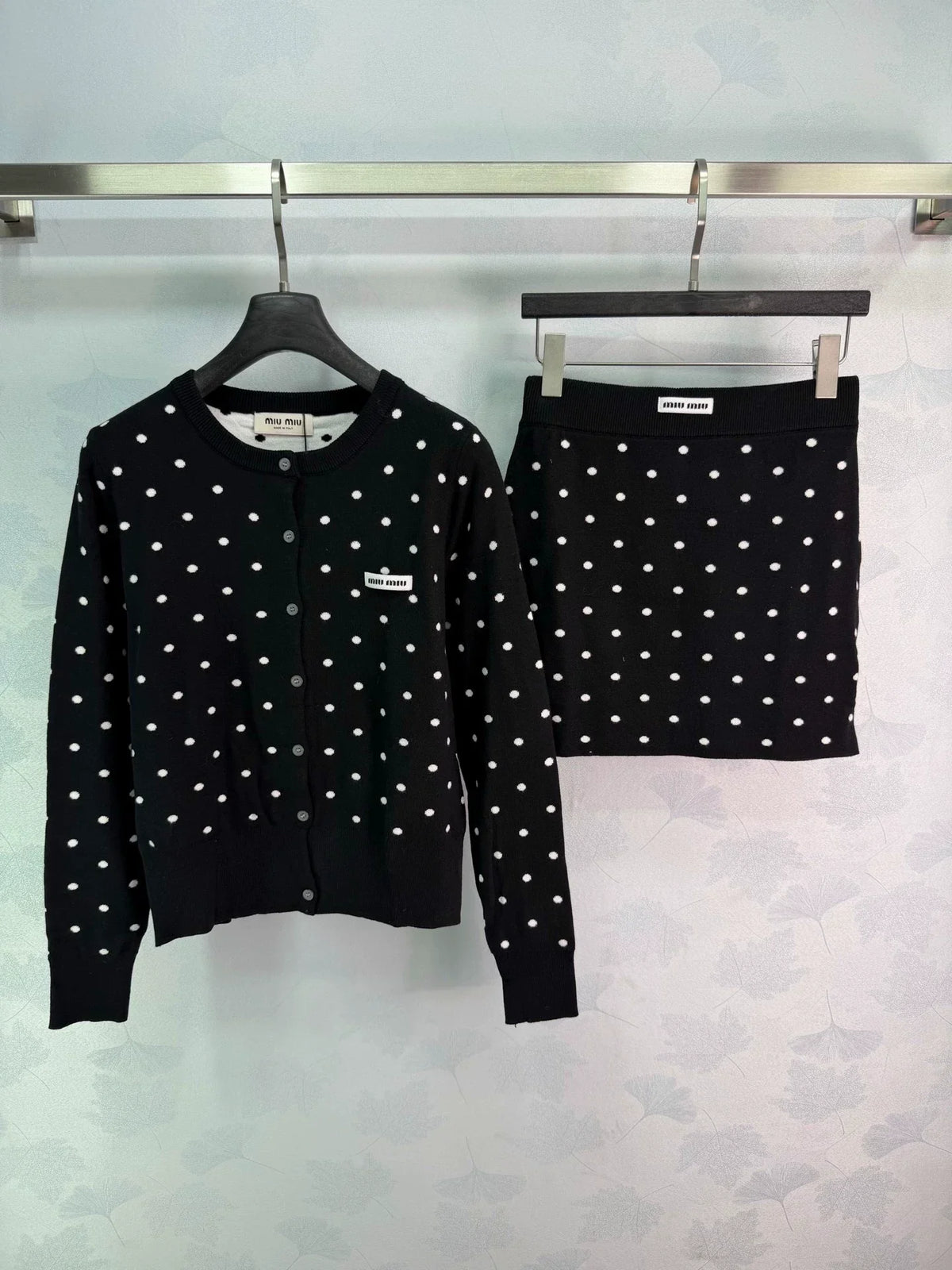 26 Early Fall New Polka Dot Knit Long-Sleeve Cardigan and Mini Skirt Set