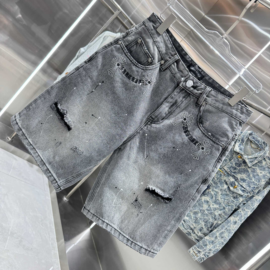 Spring and summer new cross denim shorts made of split leather