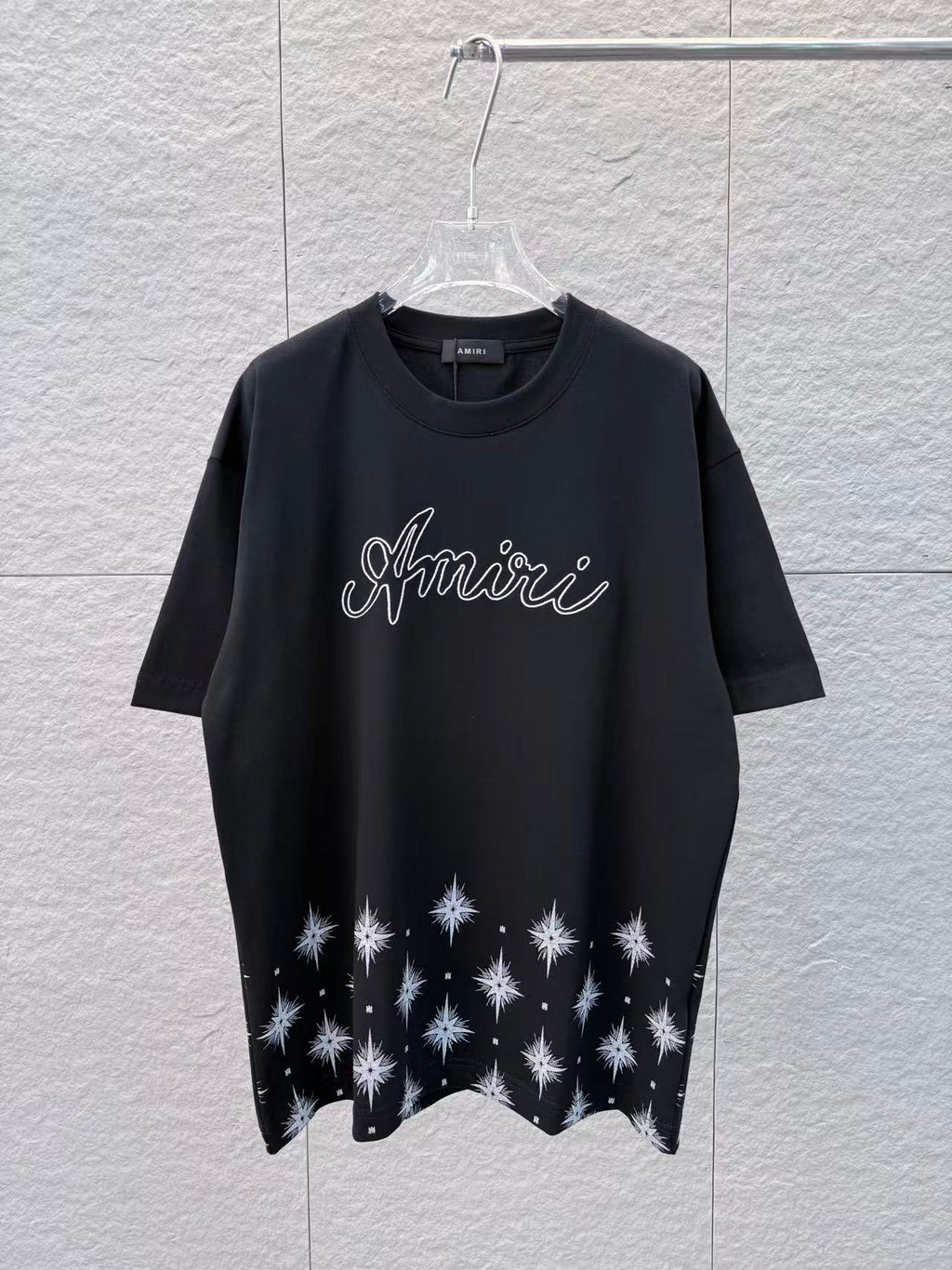 Hexagonal star print+embroidered round neck short sleeved T-shirt