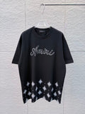 Hexagonal star print+embroidered round neck short sleeved T-shirt