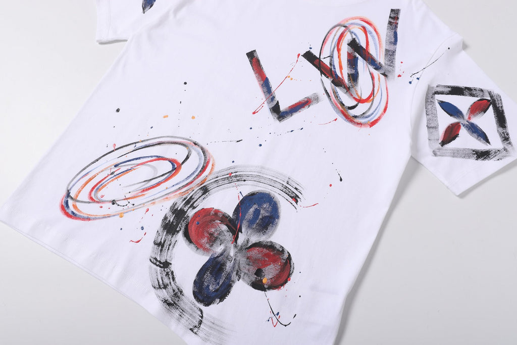 Hand drawn graffiti, splashed ink letters, logo, short sleeved shirt