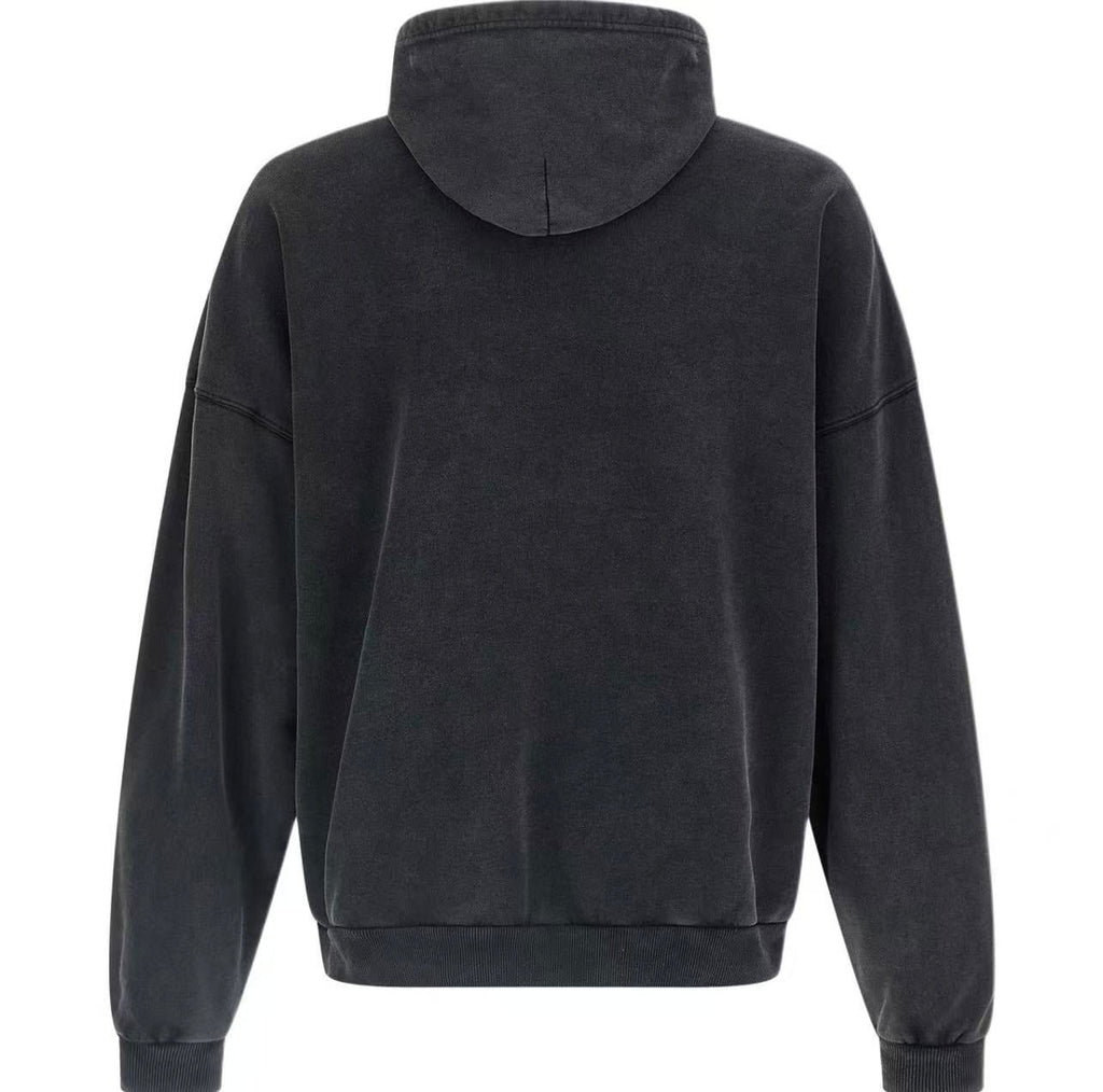 Two tone fuzzy printed washed water used hooded sweatshirt