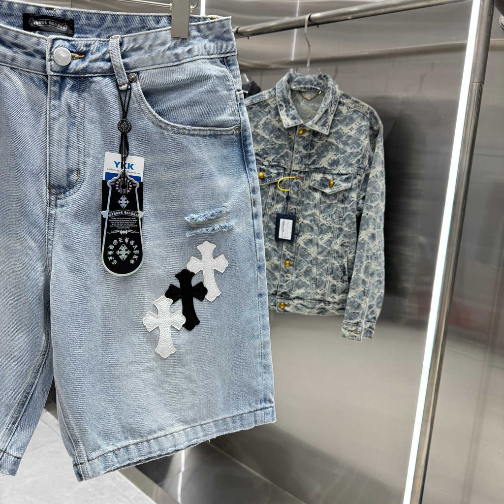 Spring and summer new cross denim shorts made of split leather