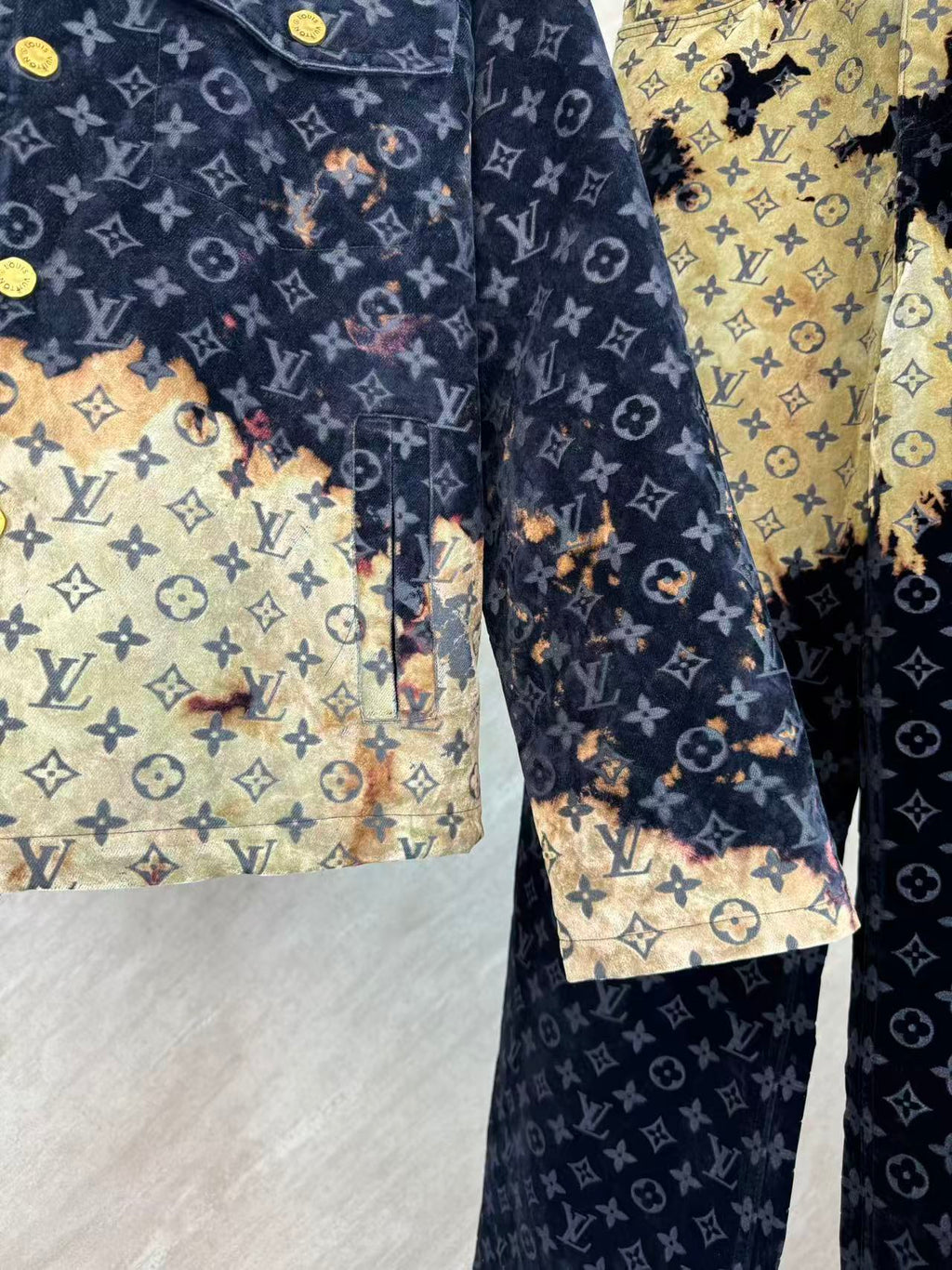 Burnt Fade Pattern Denim Matching Set | Long Sleeve Trucker Jacket + Wide Leg Pants