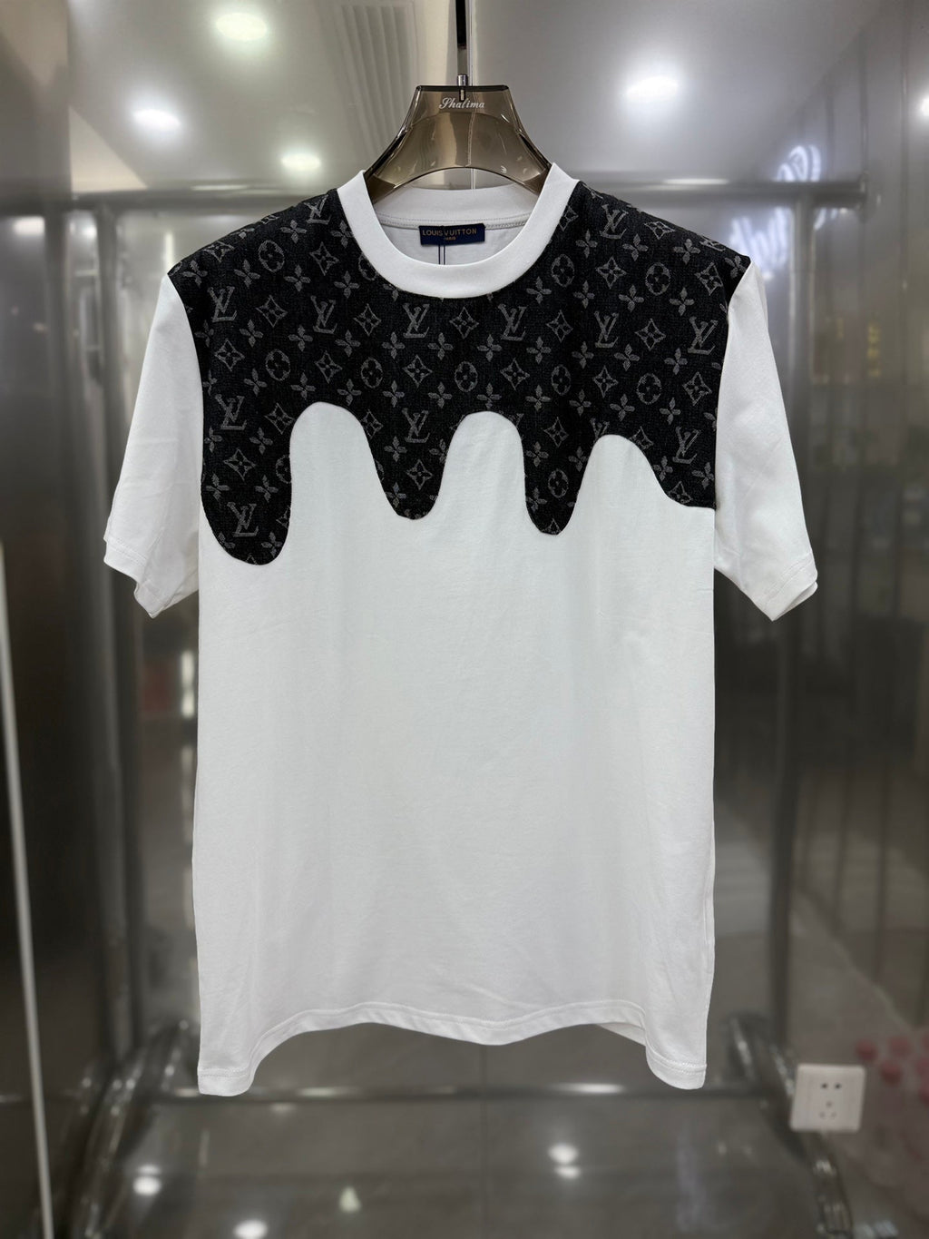 Heavy craftsmanship single item splicing denim wave patch embroidery spring and summer new style short sleeved T-shirt