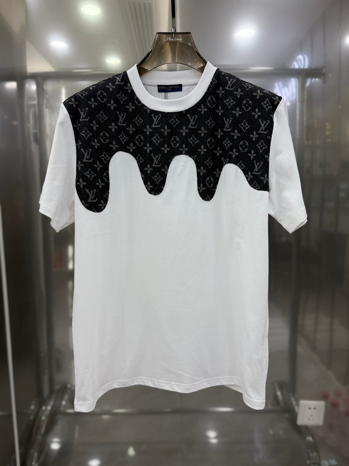 Heavy craftsmanship single item splicing denim wave patch embroidery spring and summer new style short sleeved T-shirt