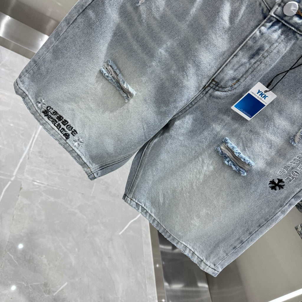Spliced cross denim shorts