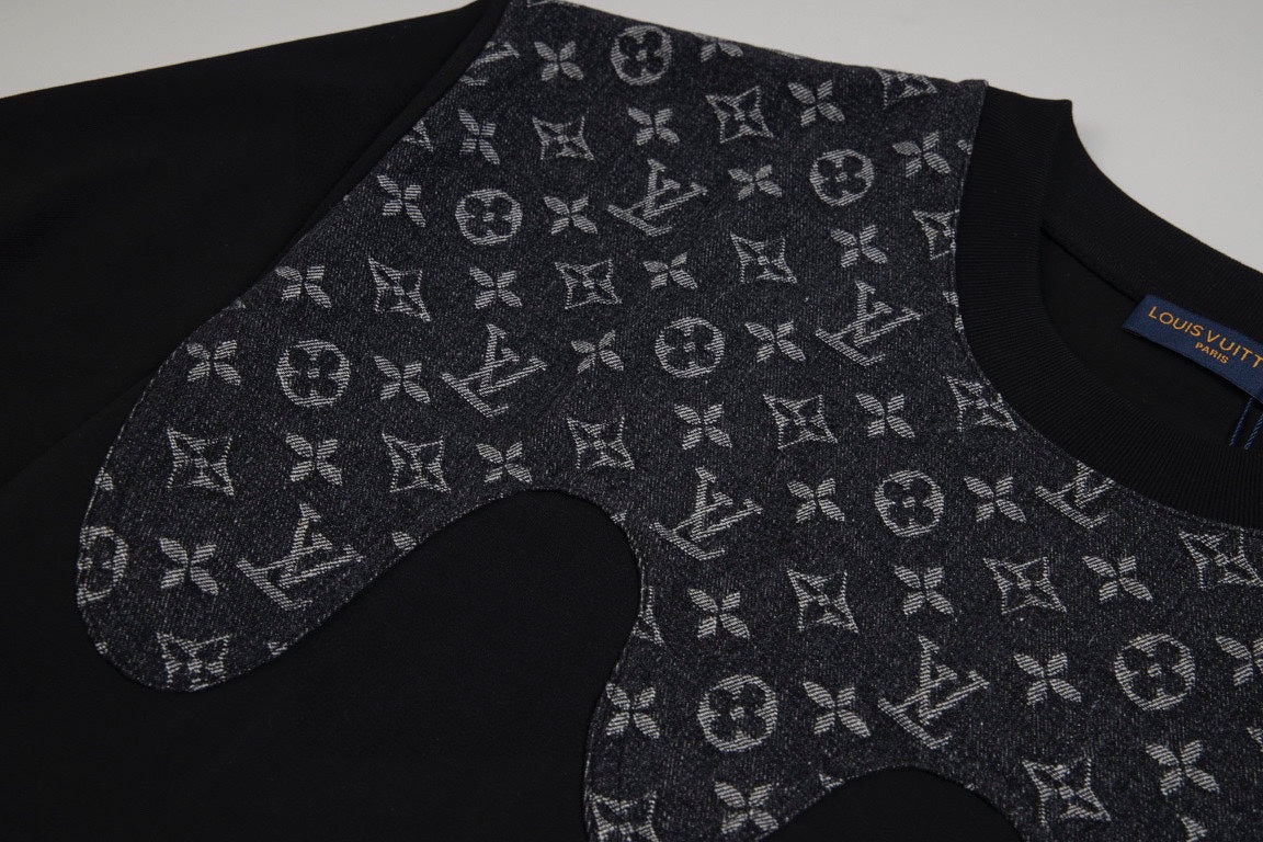 Heavy craftsmanship single item splicing denim wave patch embroidery spring and summer new style short sleeved T-shirt