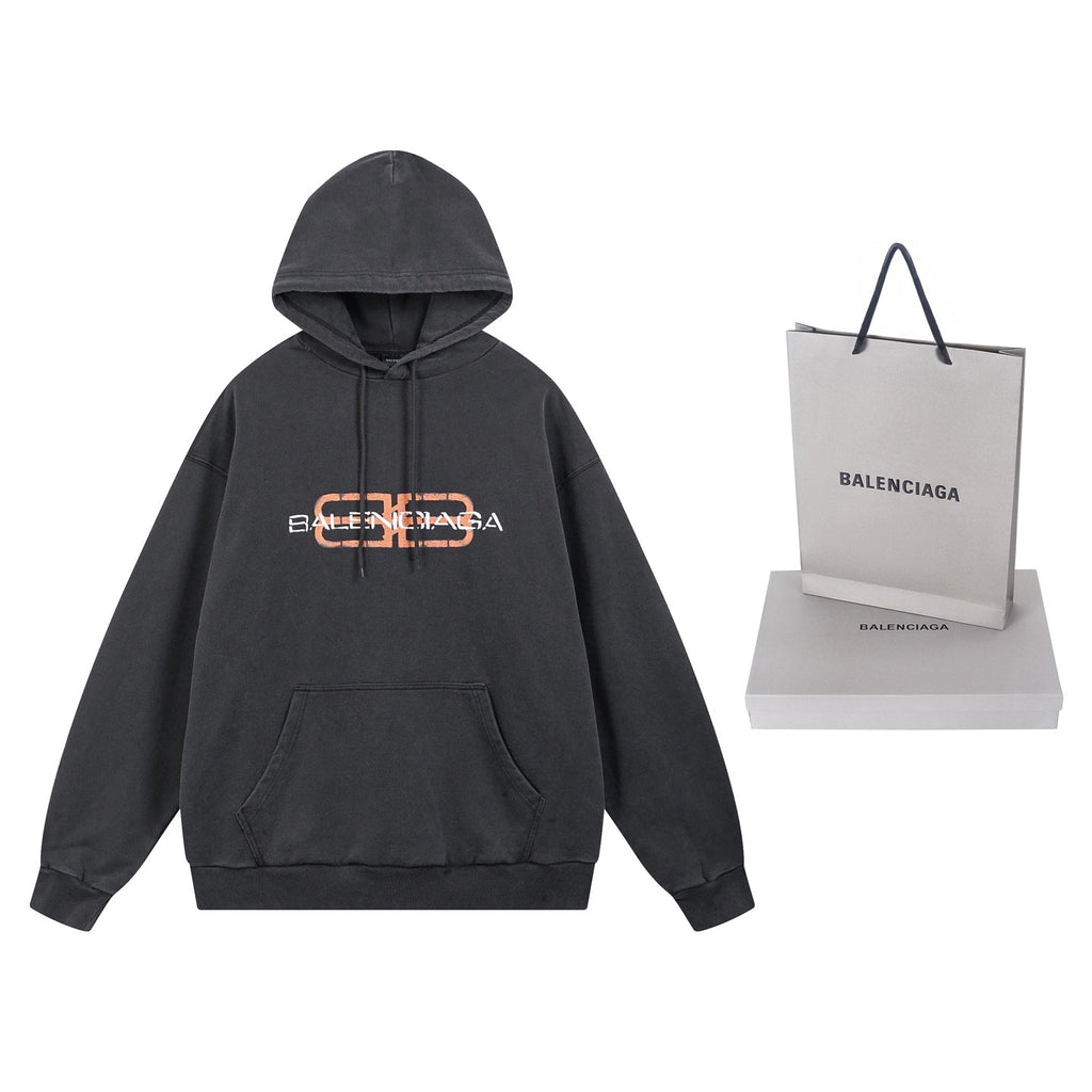 Two tone fuzzy printed washed water used hooded sweatshirt