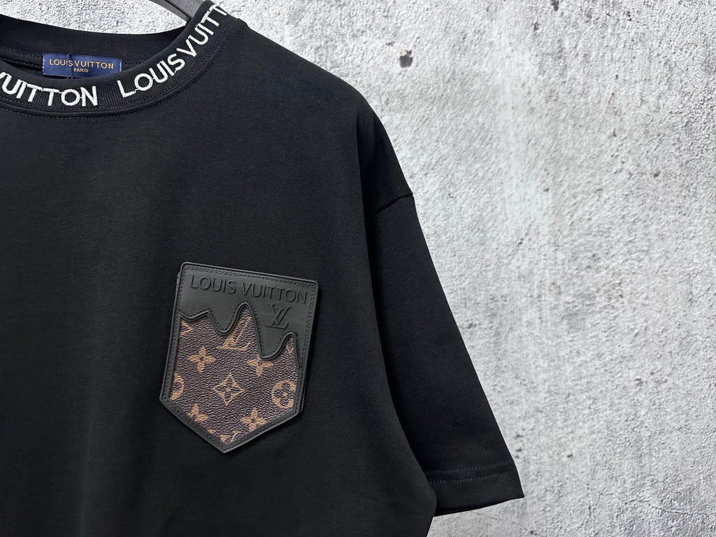 Embroidered collar, small leather pocket, short sleeved, unisex