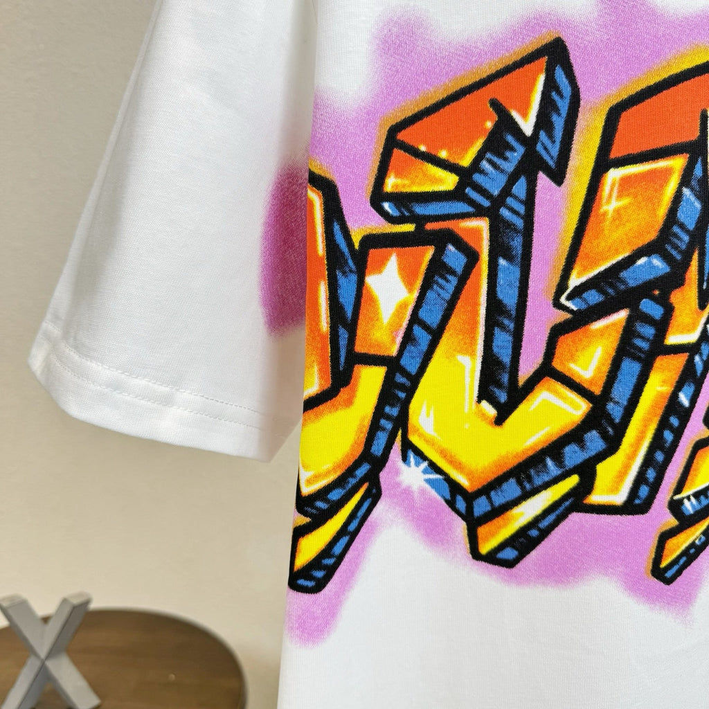 Flame Crack Logo Graffiti Letter Round Neck Short Sleeve
