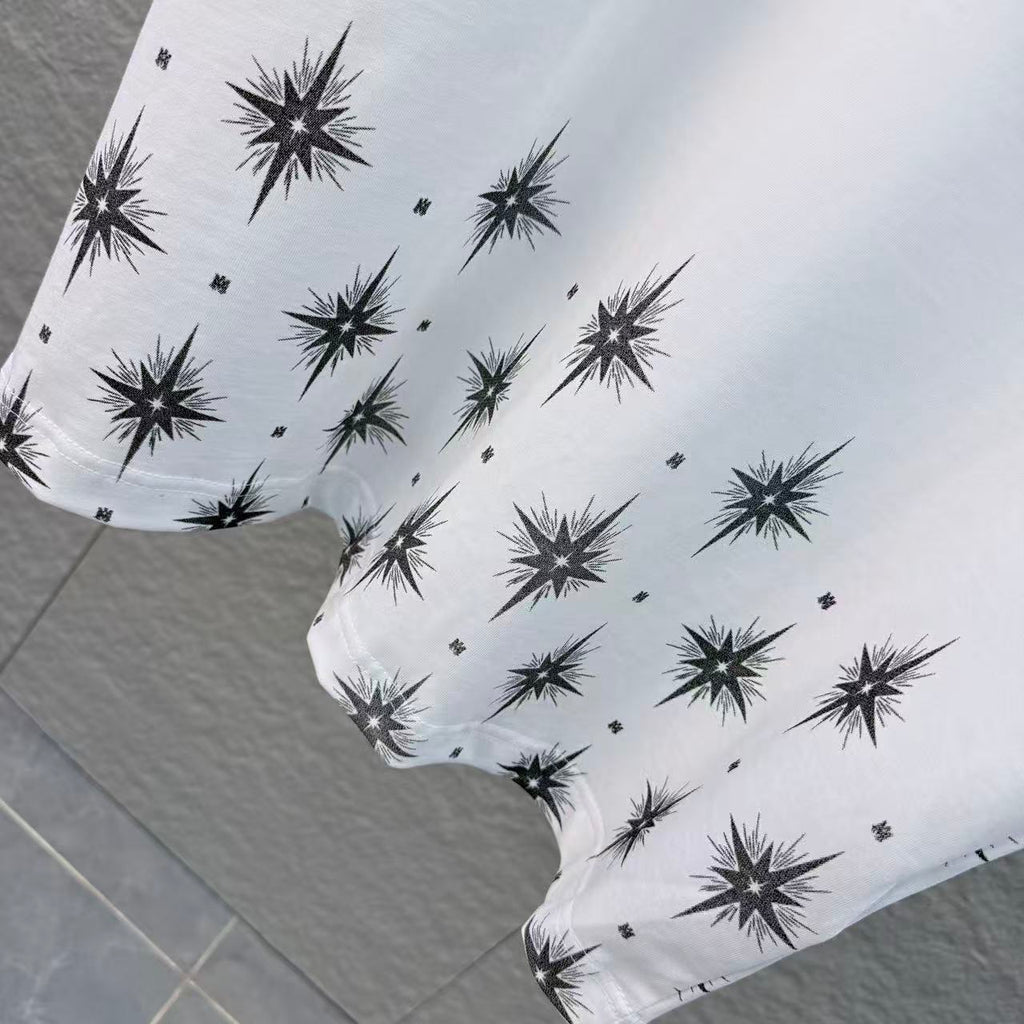 Hexagonal star print+embroidered round neck short sleeved T-shirt
