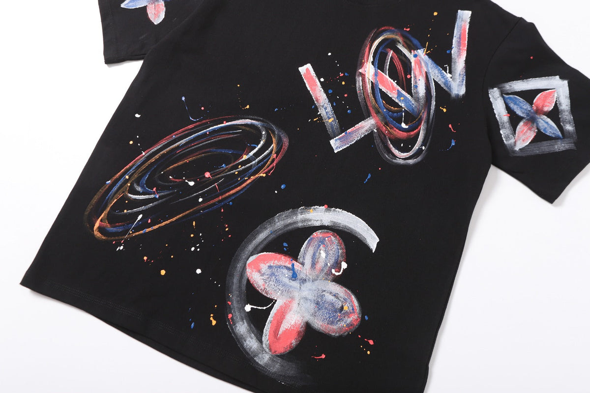 Hand drawn graffiti, splashed ink letters, logo, short sleeved shirt