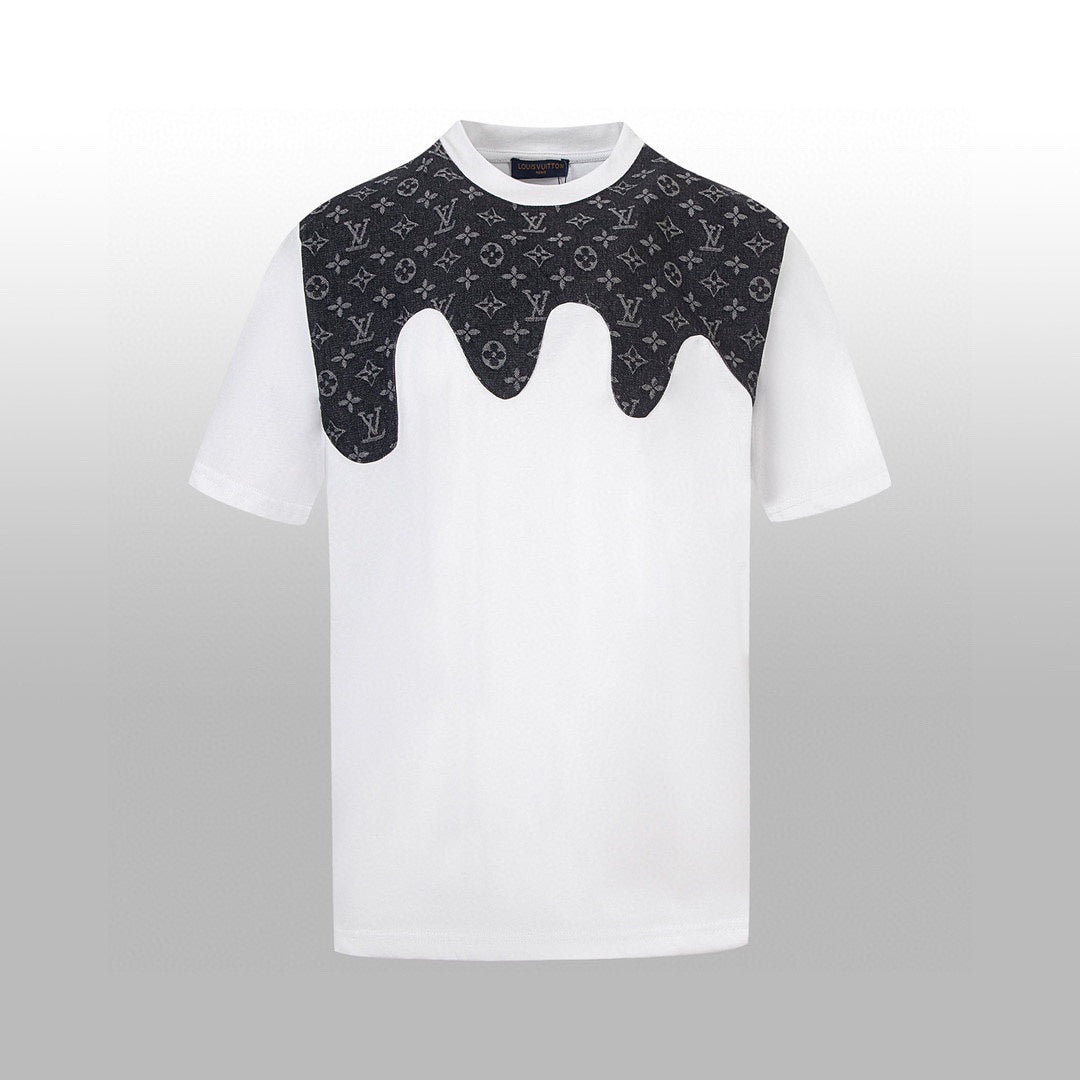 Heavy craftsmanship single item splicing denim wave patch embroidery spring and summer new style short sleeved T-shirt