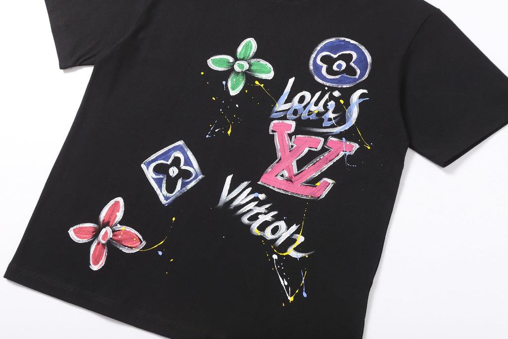 Hand drawn graffiti, splashed ink letters, logo, short sleeved T-shirt