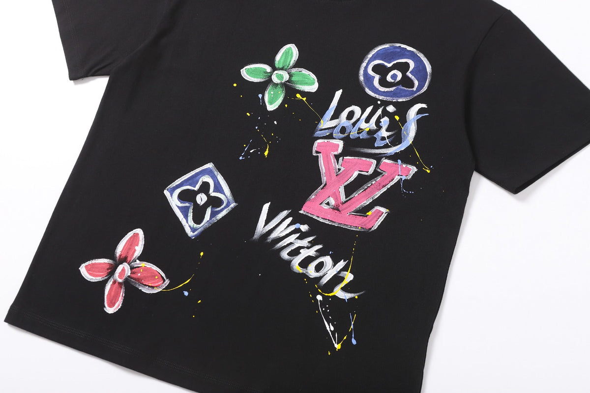 Hand drawn graffiti, splashed ink letters, logo, short sleeved T-shirt