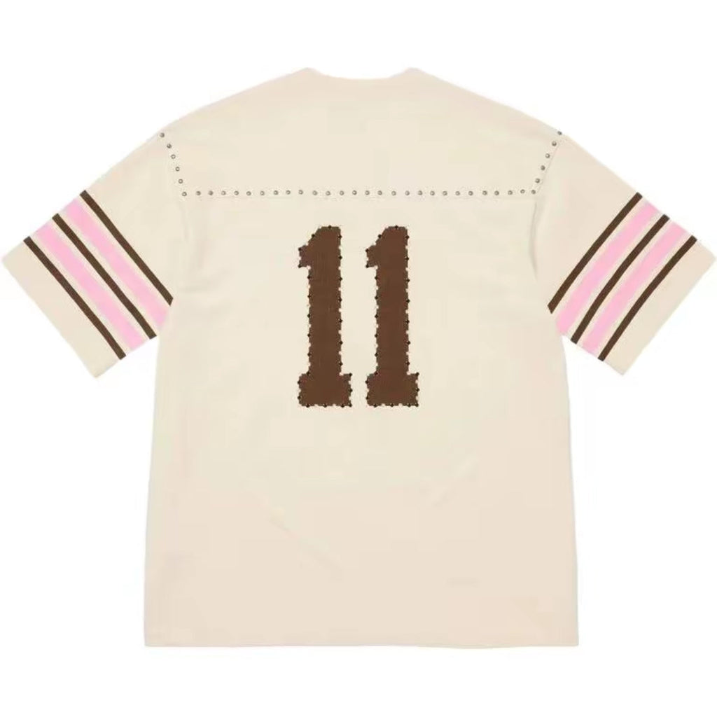 Rivet rhinestone decal letter short sleeved football jacket for both men and women