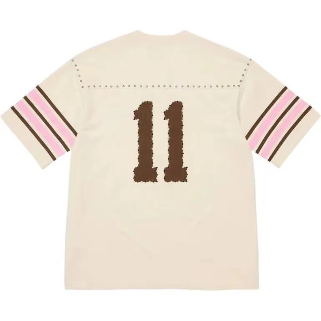 Rivet rhinestone decal letter short sleeved football jacket for both men and women