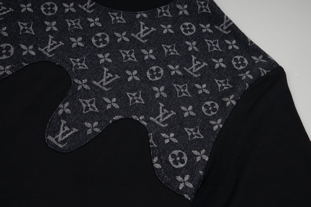 Heavy craftsmanship single item splicing denim wave patch embroidery spring and summer new style short sleeved T-shirt