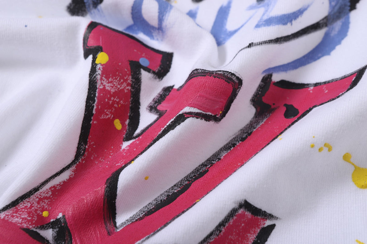Hand drawn graffiti, splashed ink letters, logo, short sleeved T-shirt