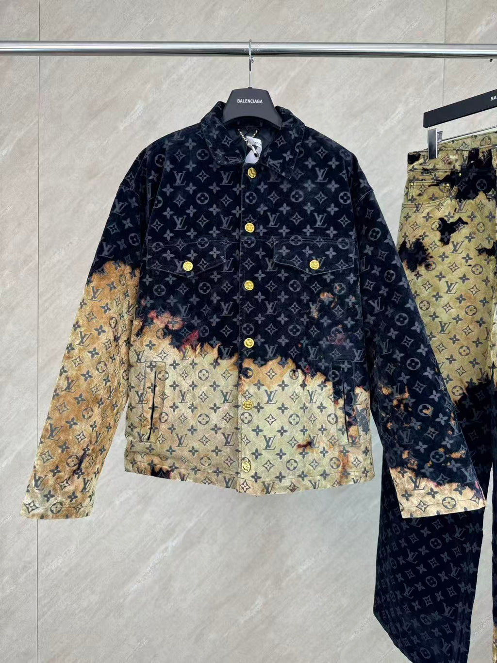 Burnt Fade Pattern Denim Matching Set | Long Sleeve Trucker Jacket + Wide Leg Pants