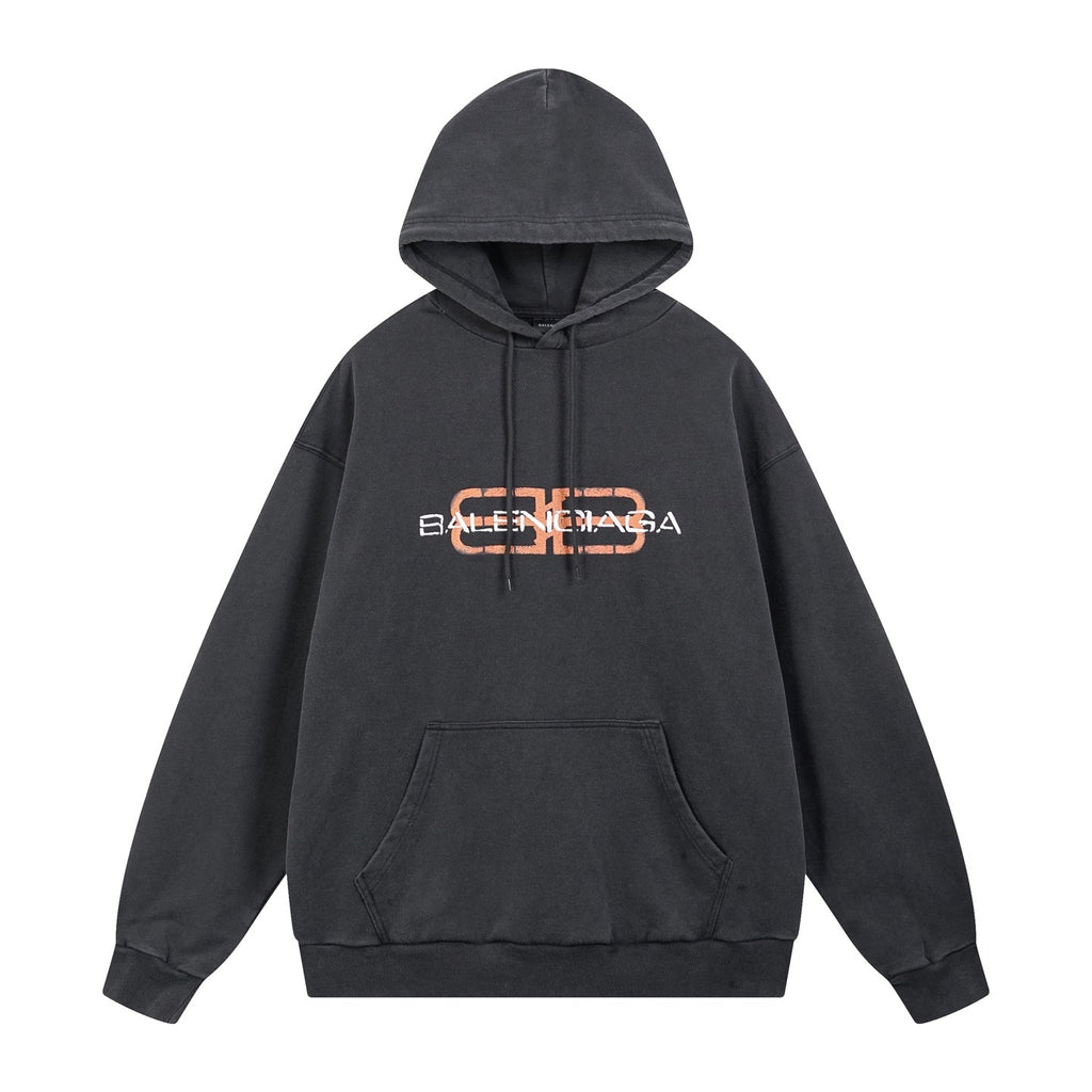 Two tone fuzzy printed washed water used hooded sweatshirt