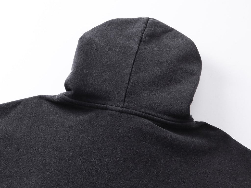 Two tone fuzzy printed washed water used hooded sweatshirt