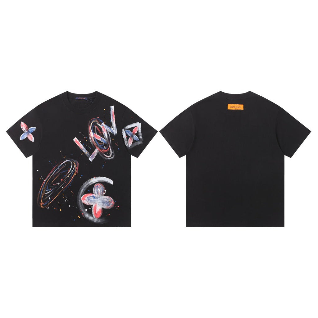 Hand drawn graffiti, splashed ink letters, logo, short sleeved shirt