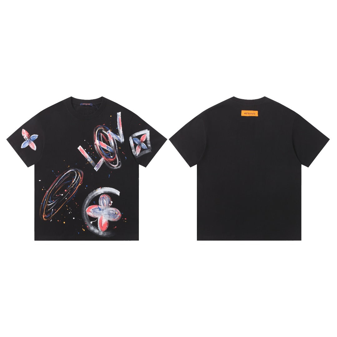 Hand drawn graffiti, splashed ink letters, logo, short sleeved shirt
